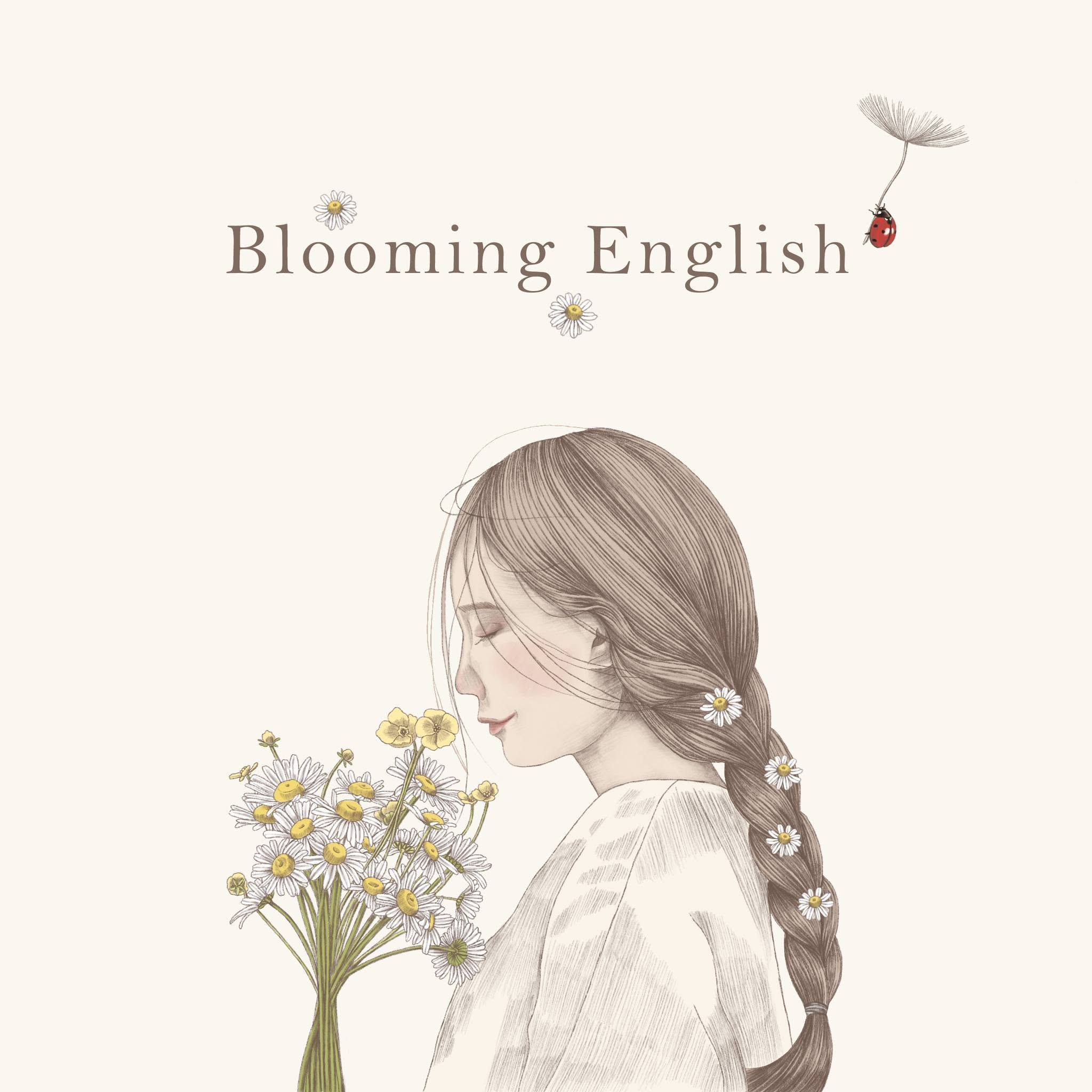 Blooming English botanical illustration with daisies and ladybug